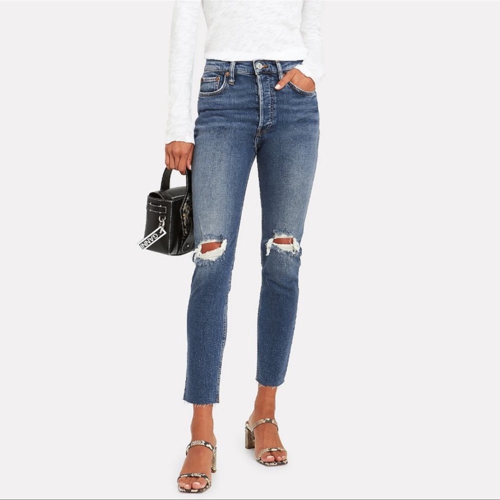 Re/Done Levi’s High Rise Ankle Crop Distressed Button Fly Jeans size 29